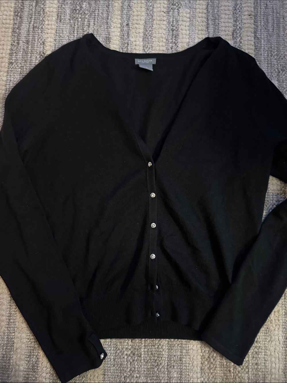 Ann Taylor Black V-Neck Button-Front Cardigan with Rhinestone Buttons